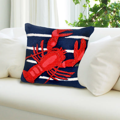 Liora Manne Frontporch Lobster On Stripes Indoor Outdoor Decorative Pillow Navy