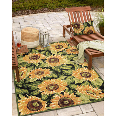 Liora Manne Marina Sunflowers Indoor Outdoor Area Rug Black