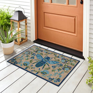 Liora Manne Frontporch Flora Bee Indoor Outdoor Rug Blue/Natural